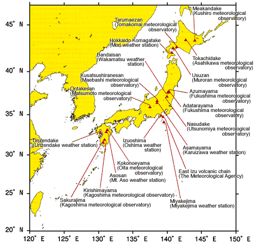 Map of active volcanoes in Japan